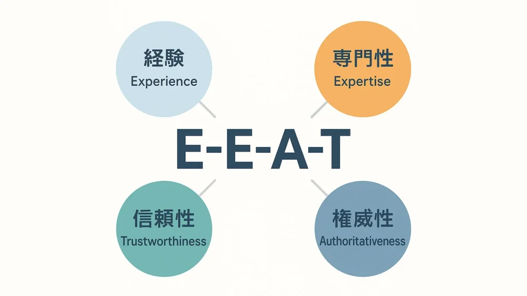 中央にE-E-A-T、周囲に以下4要素