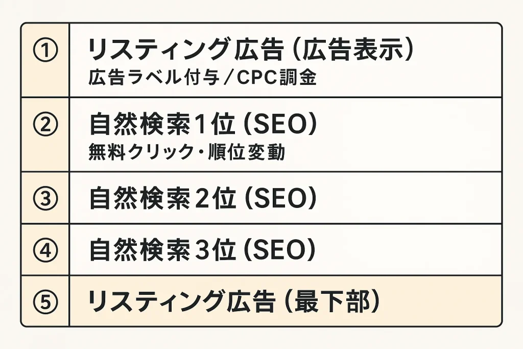 検索結果ページにおけるリスティング広告(上下)と自然検索1〜3位の配置を示した横型図解