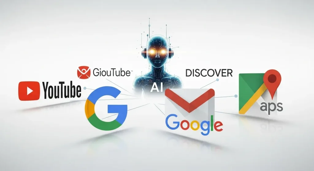 Youtube、GDN、グーグル検索エンジン、discover、Gメール、Mapsのロゴの中心にAIがいる画像